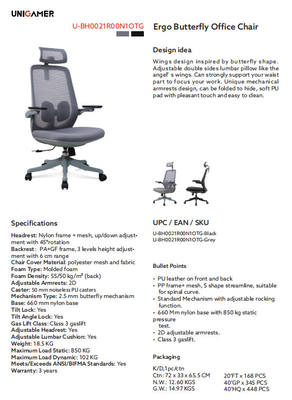 Class 3 Gas Lift Ergonomic Desk Chair 2.5MM Butterfly Mechanism Office Chair